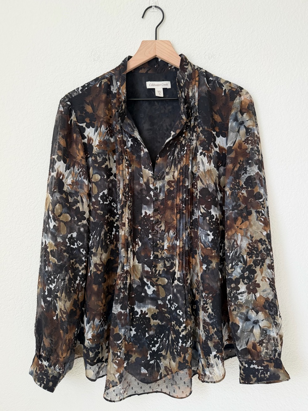 Coldwater Creek Blouse Floral Button Front Sheer Sleeve V-Neck Size X-Large